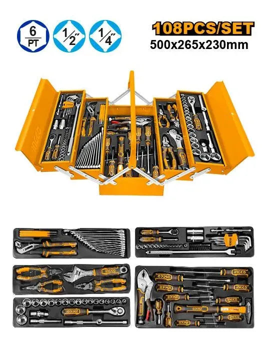 Set 108 Herramientas En Valija Metalica Ingco Htcs151081 Amarillo